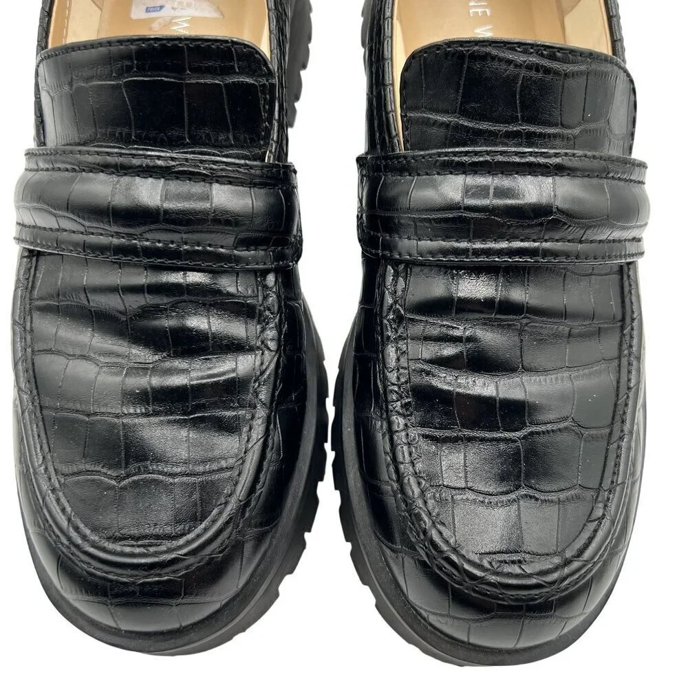Nine West New Women 8.5 Black Croc-Embossed Chunky Lug Sole Slip On Loafers Y2K